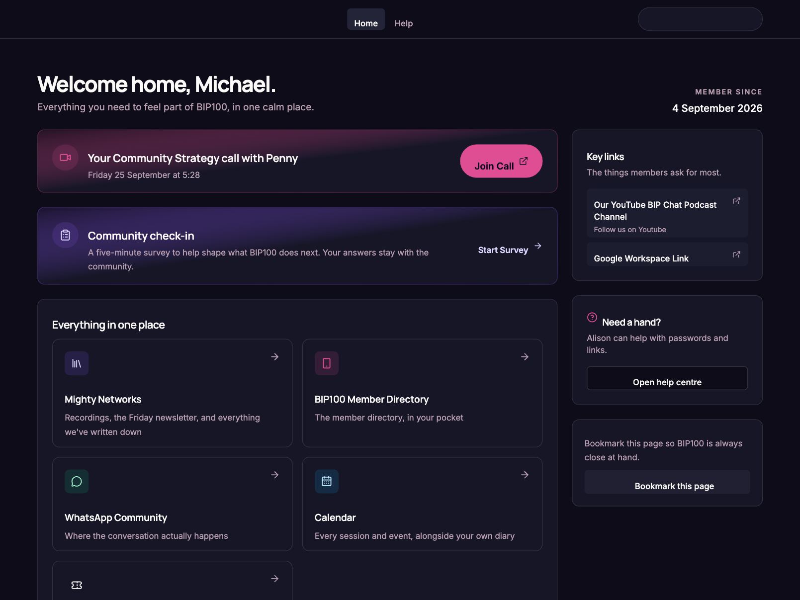 The member home: the strategy call, a survey and every BIP100 tool in one place