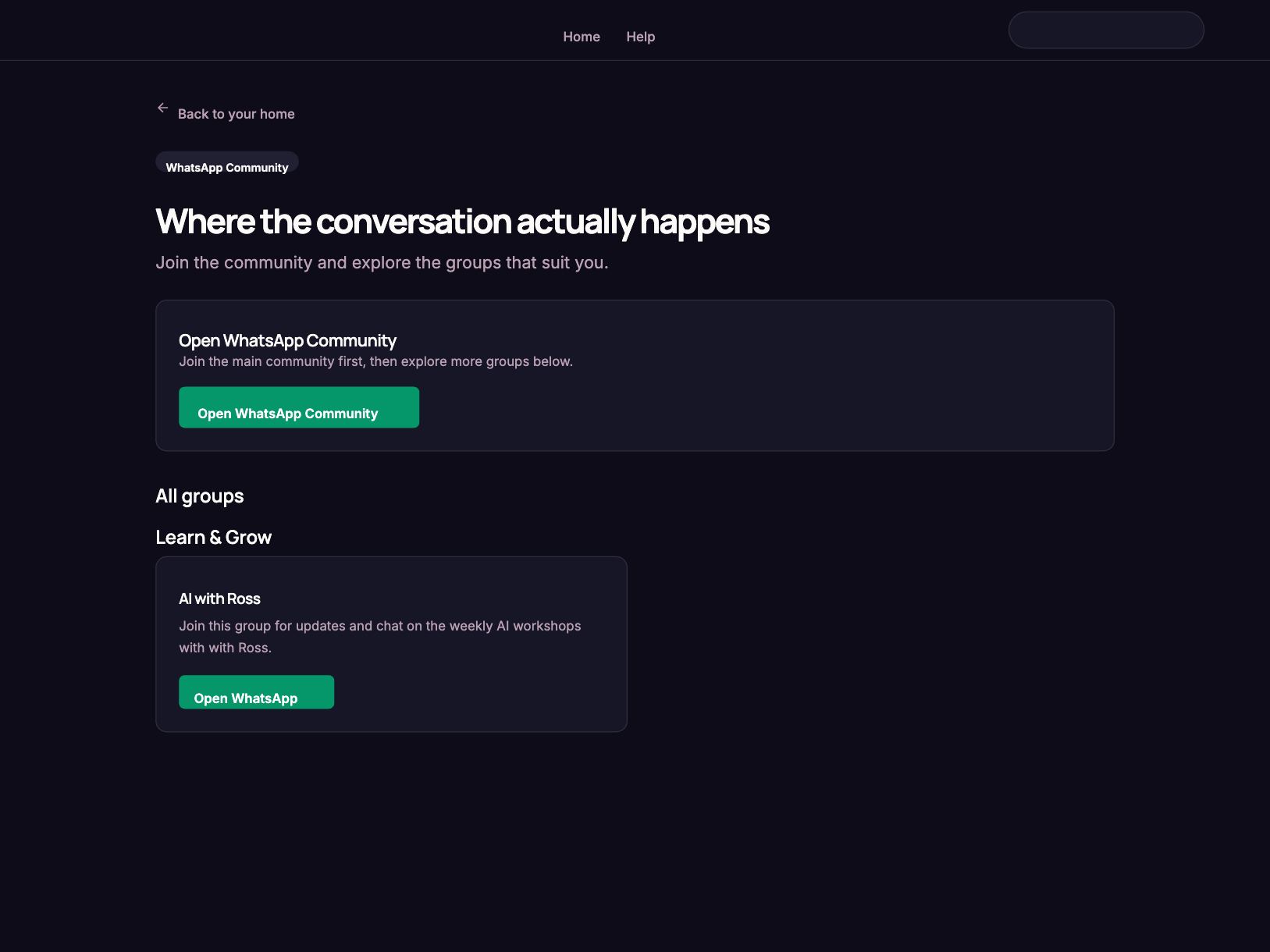 The WhatsApp community page with the groups to join